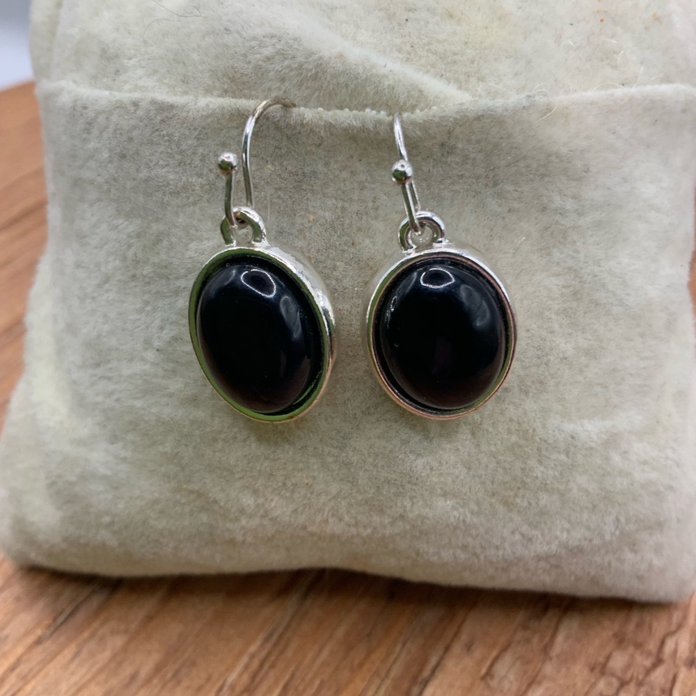 LC Lauren Conrad Faceted Black Oval Silver Tone Dangling Hook Earrings